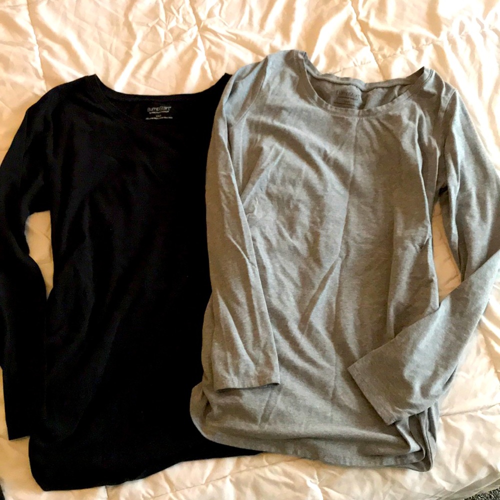 Bundle of two long sleeve maternity shirts.